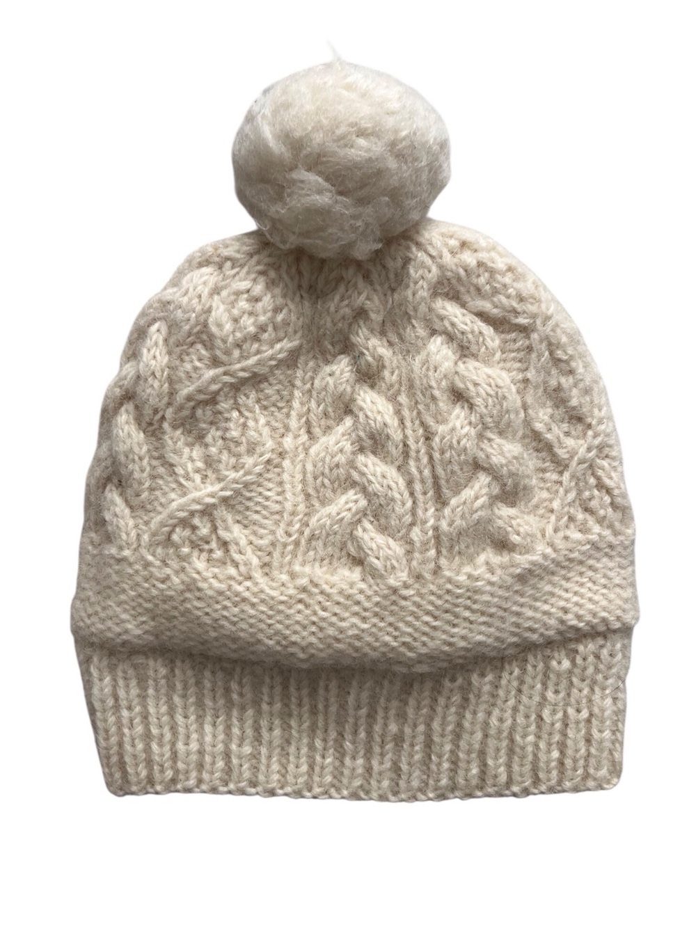 Aran Sweater Market Wool Beanie Hat Pompom Cream Cableknit Irish Ireland USED